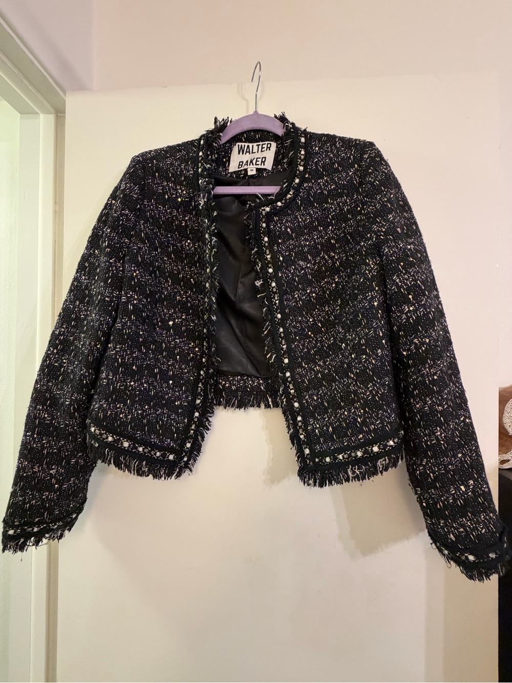 Walter Baker Black Tweed Fringe Open Front Jacket